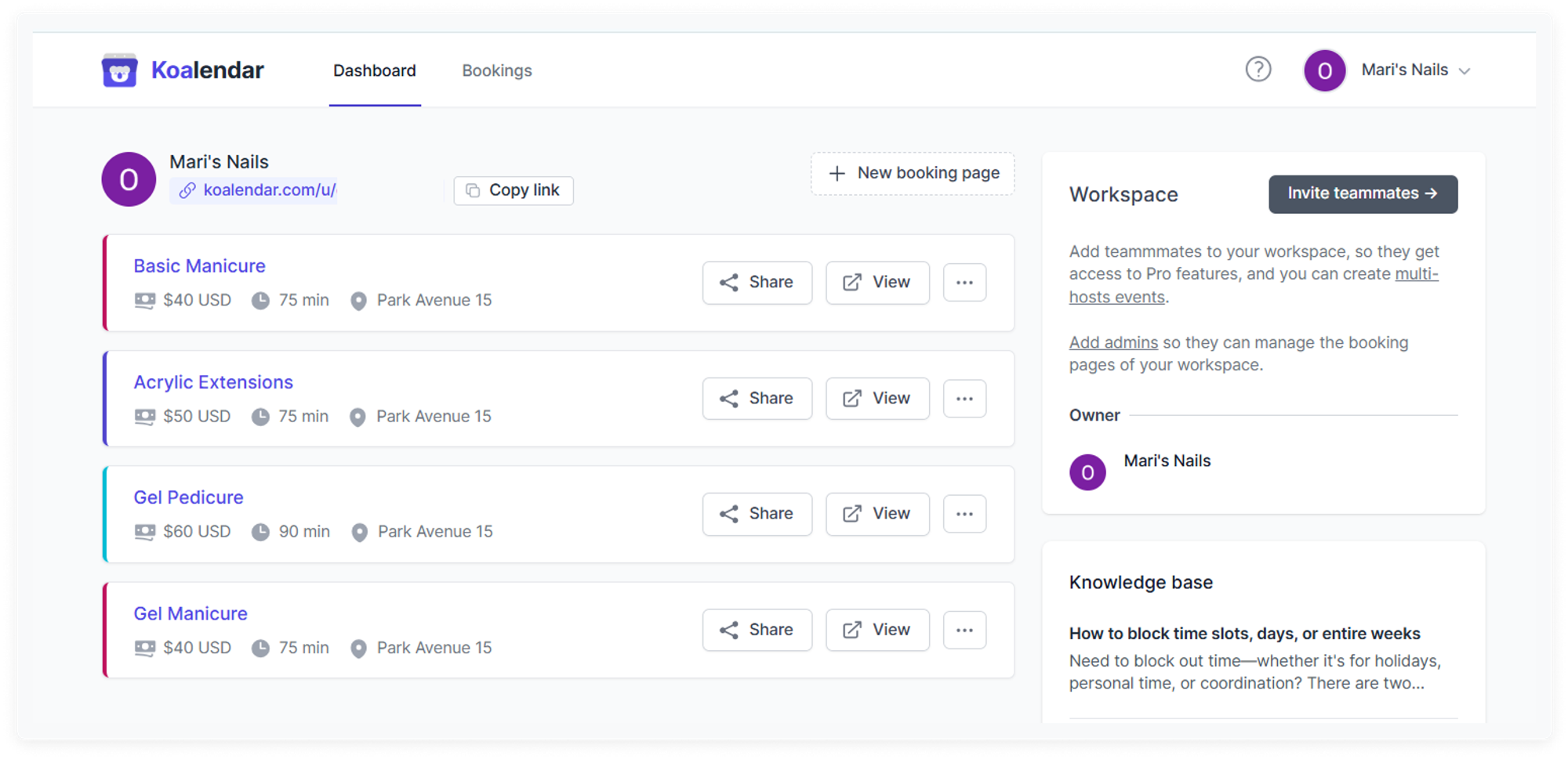 captura de pantalla del mejor software de programación de citas para salones Koalendar