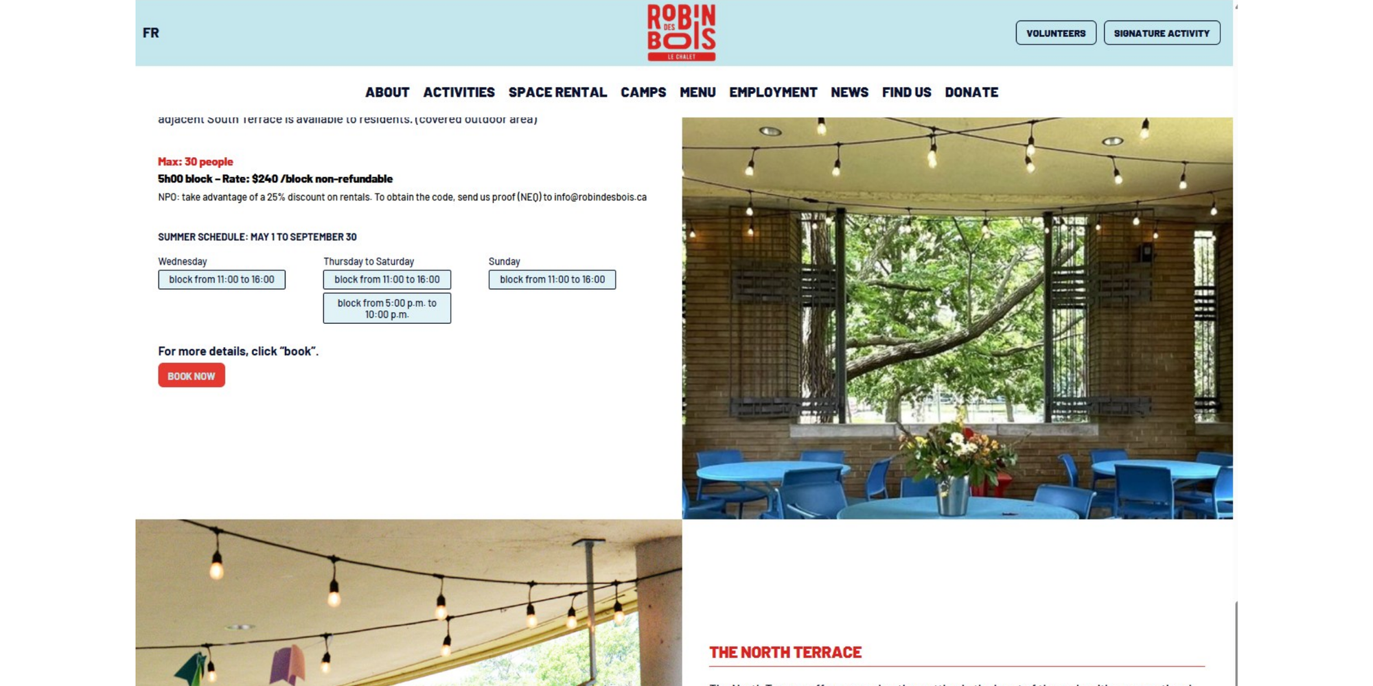 Nonprofit room rental page with detailed room descriptions after switching from WordPress booking plugins to Koalendar.