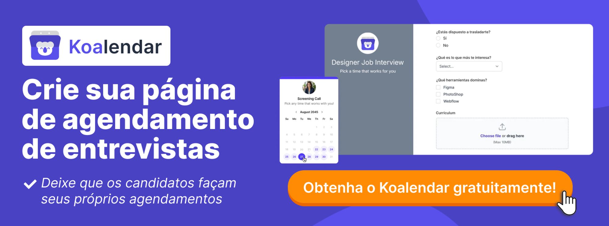 banner do Koalendar para agendamento de recrutamento ajuda a resolver o problema de como pedir educadamente para marcar uma reunião