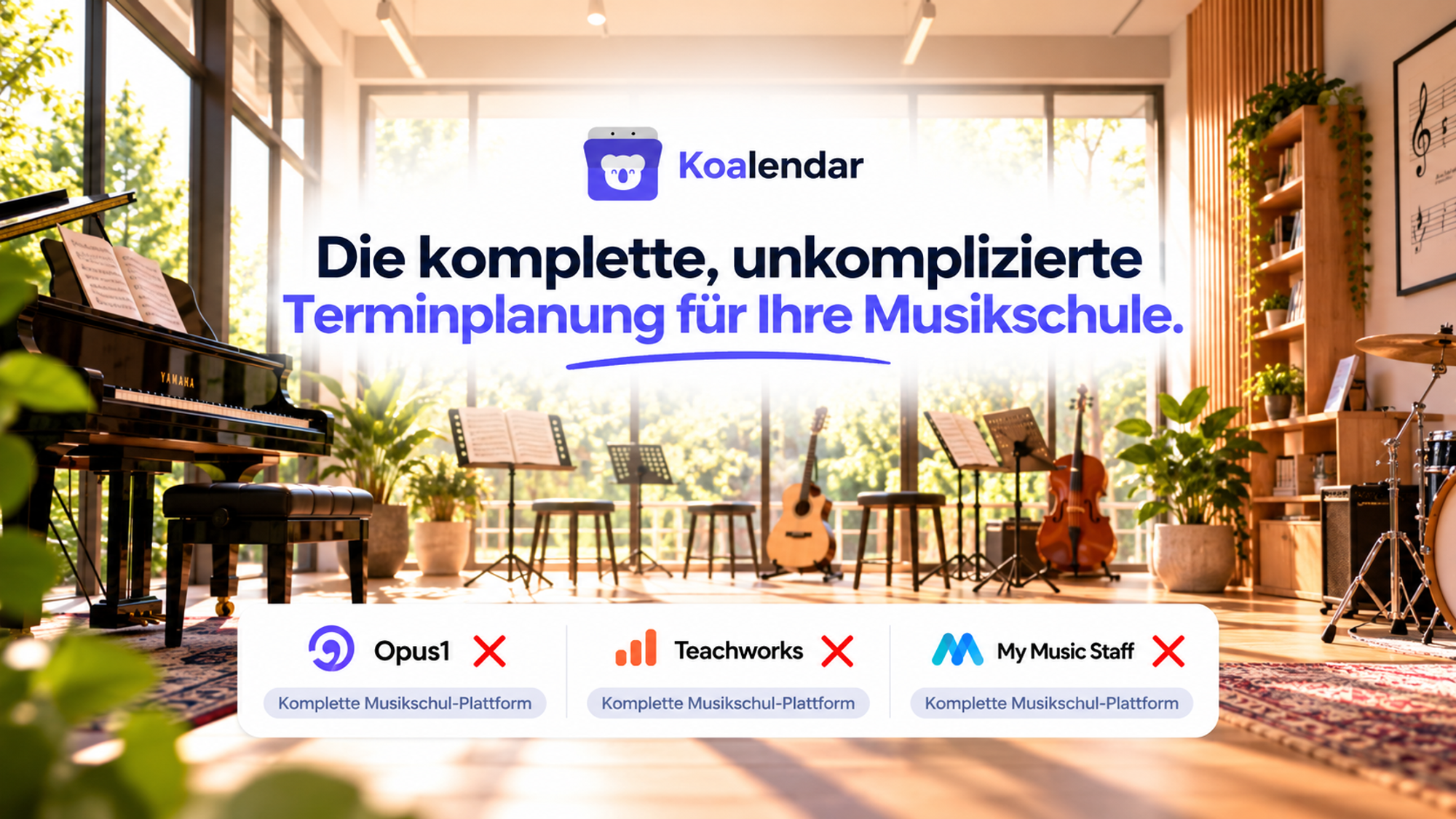Banner für die Koalendar Terminplanungssoftware für Musikschulen mit Instrumenten in einem hellen Musikstudio.