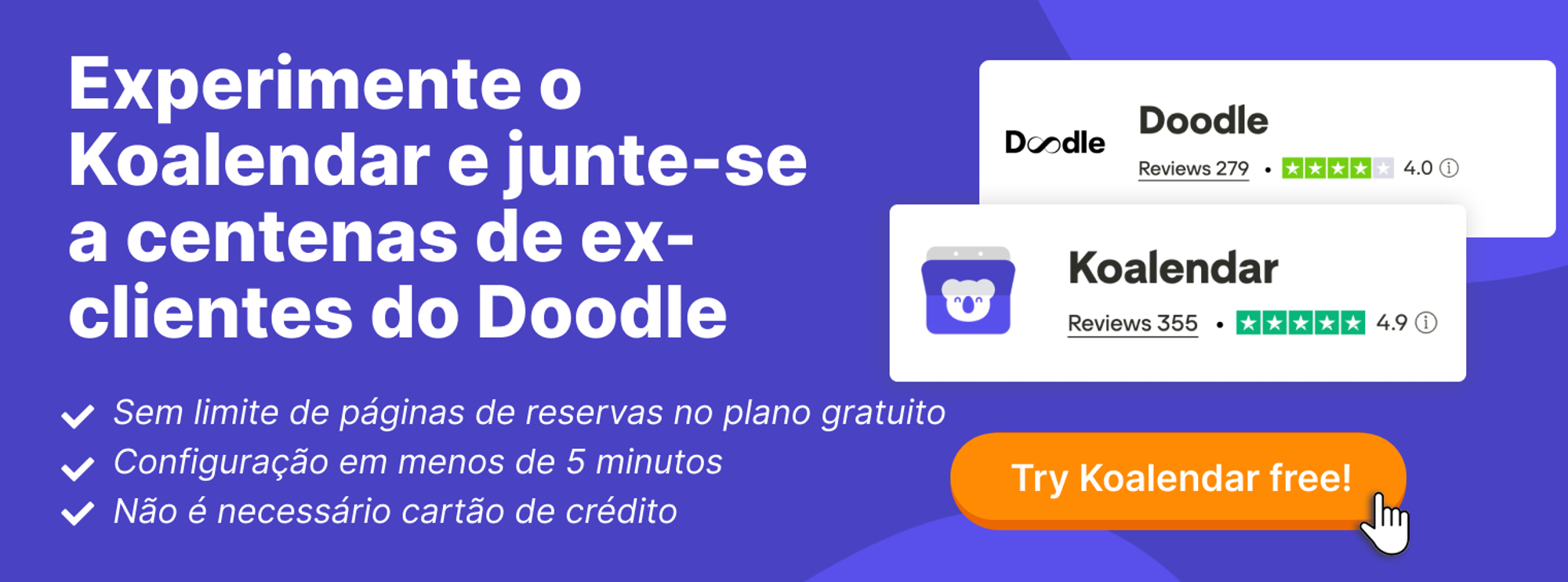 Banner da ferramenta de agendamento Koalendar comparada ao Doodle, com avaliações do Trustpilot