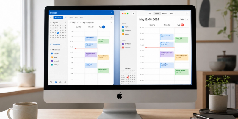 connect outlook calendar to apple calendar shown on a Mac screen with Outlook Calendar and Apple Calendar open side by side on a clean desk