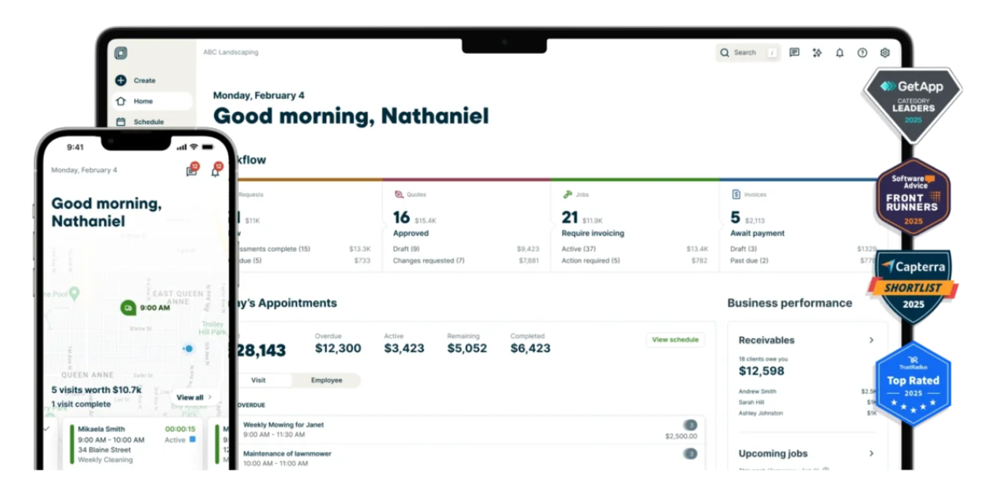 Screenshot of Jobber platform for electricians including desktop and mobile app