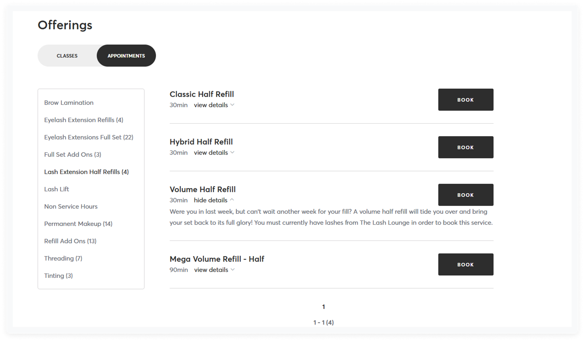 captura de pantalla del programa de citas para salones mindbody