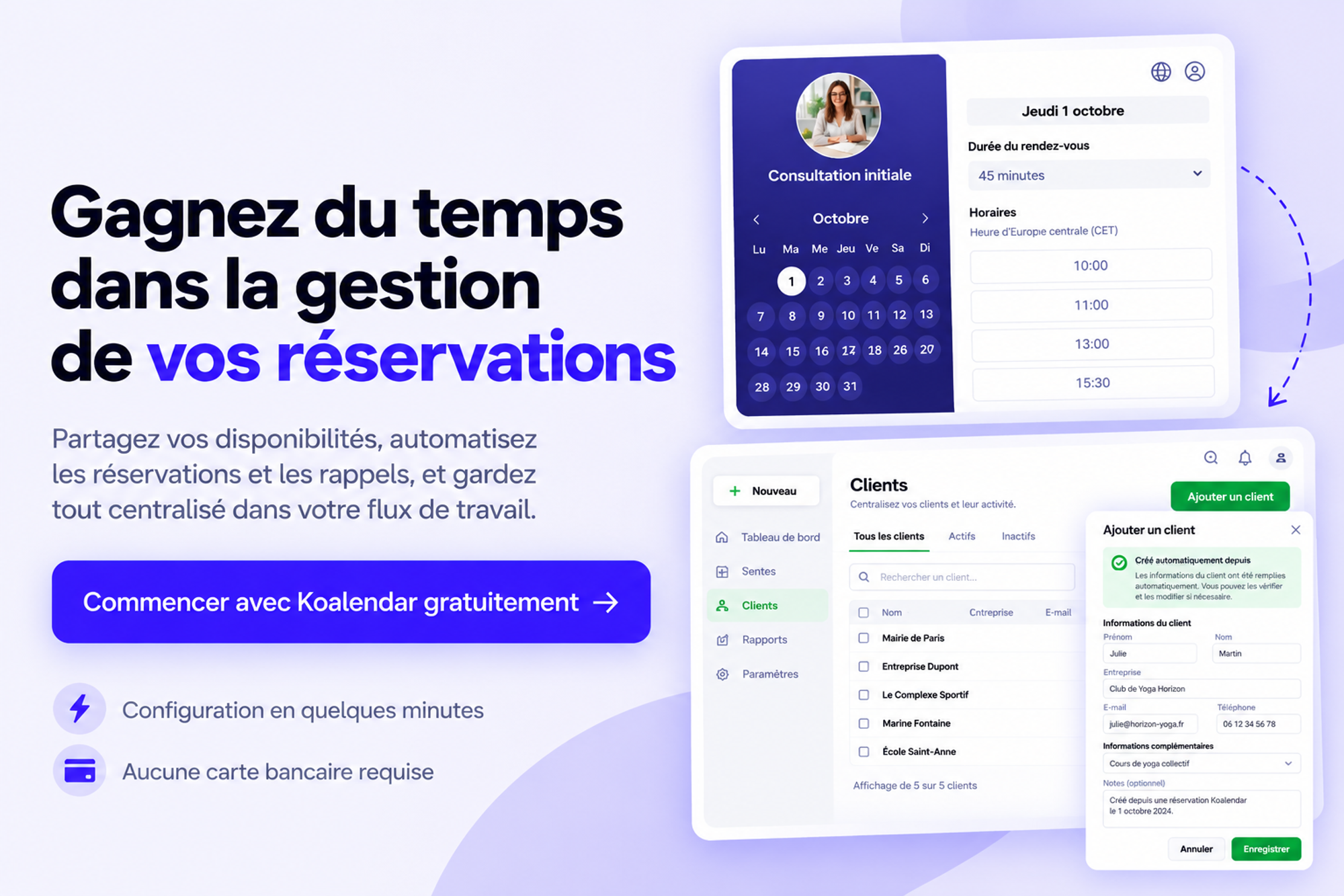 Bannière Koalendar présentant une page de réservation et une liste de clients QuickBooks pour un logiciel de planification intégré à QuickBooks.