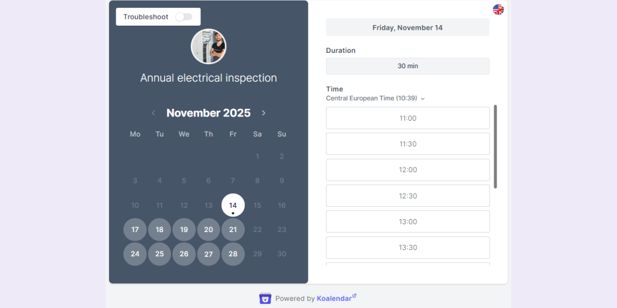 koalendar booking and scheduling software for electricians interface