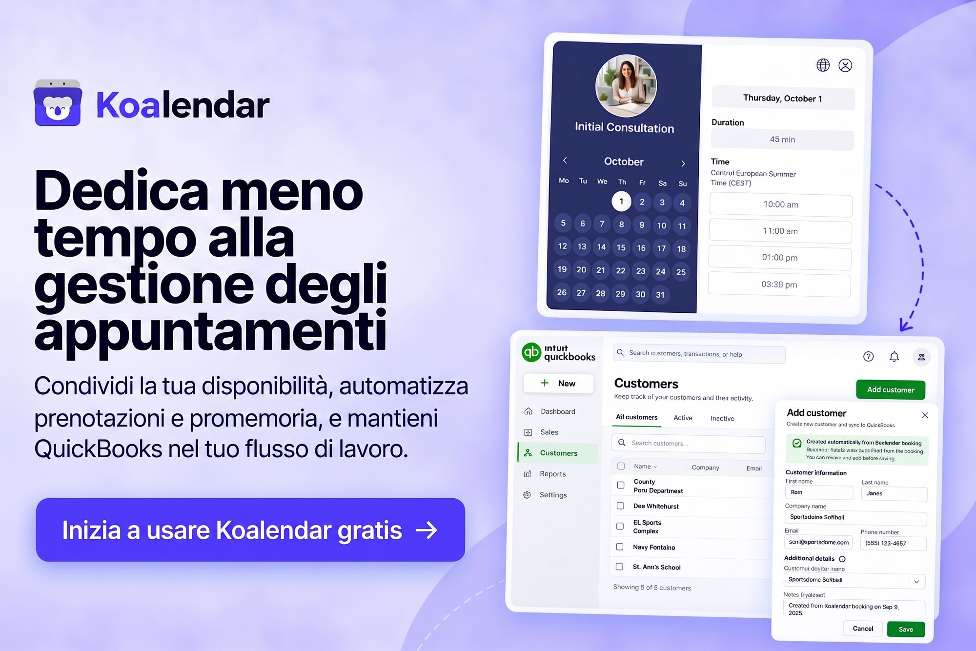 Banner di Koalendar che mostra una pagina di prenotazione e un elenco clienti di QuickBooks per un software di pianificazione integrato con QuickBooks.