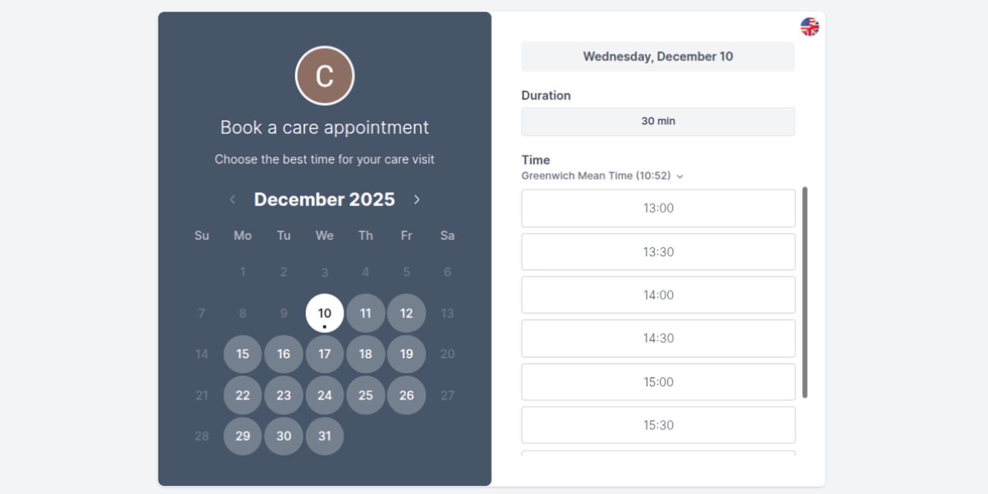 Booking screen for a care appointment in Koalendar