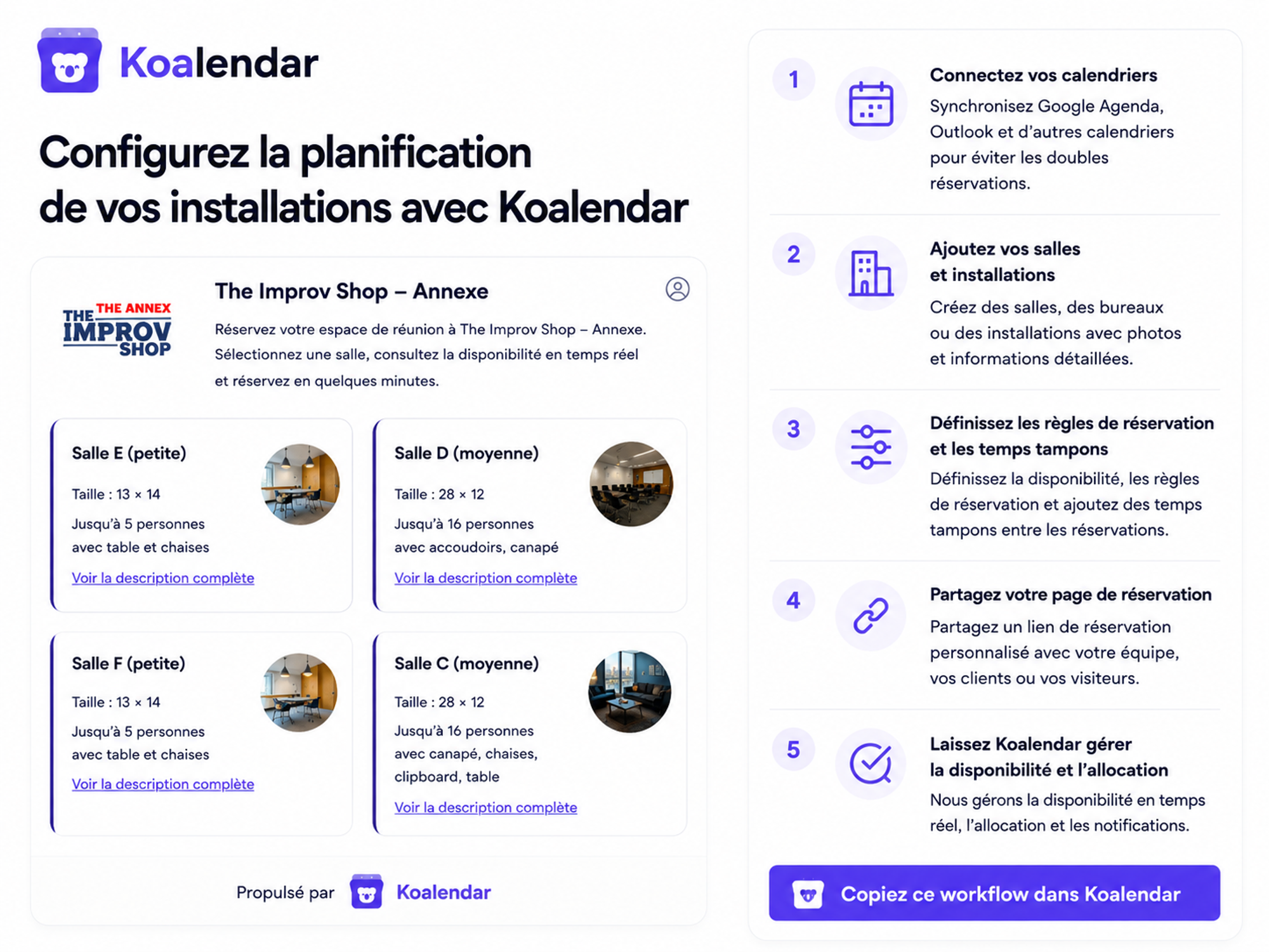 étapes pour configurer le logiciel de réservation de salles et d'espaces Koalendar