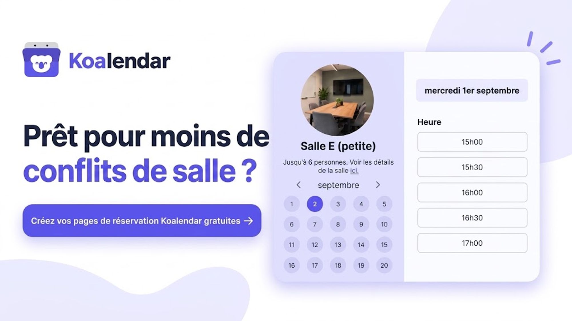 Bannière du système gratuit de réservation de salles de réunion Koalendar 