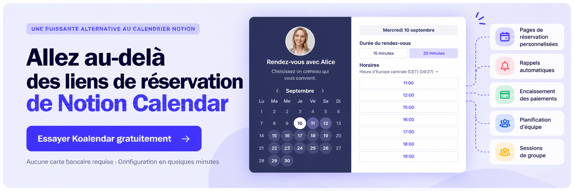 La page de réservation et les fonctionnalités de prise de rendez-vous de Koalendar, présentées comme une alternative à Notion Calendar.