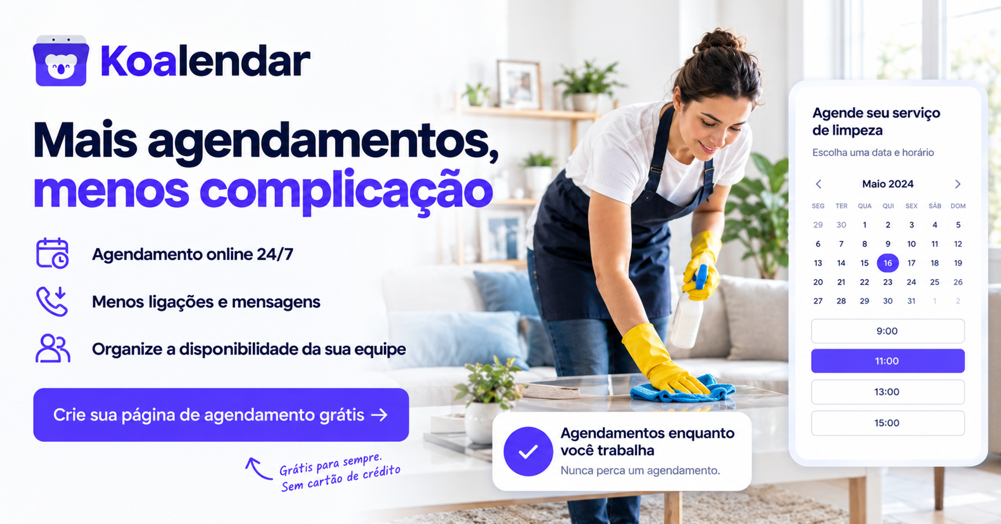 Banner do Koalendar para uma empresa de limpeza que utiliza agendamento de serviços residenciais.