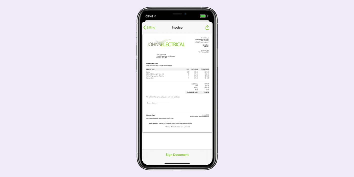 ServiceM8 invoice for electrical engineering company.