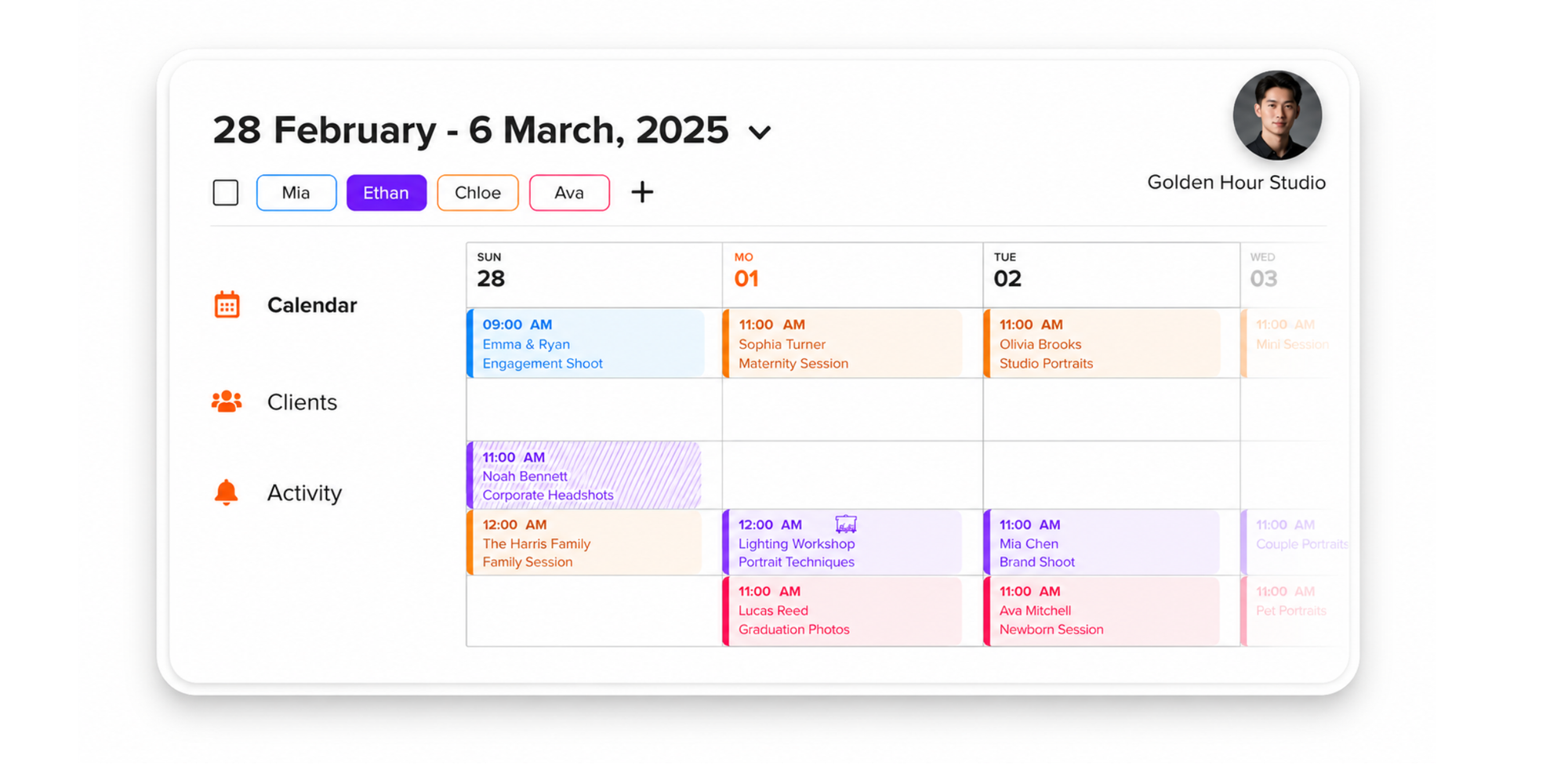 bookedin calendar view with photo session bookings