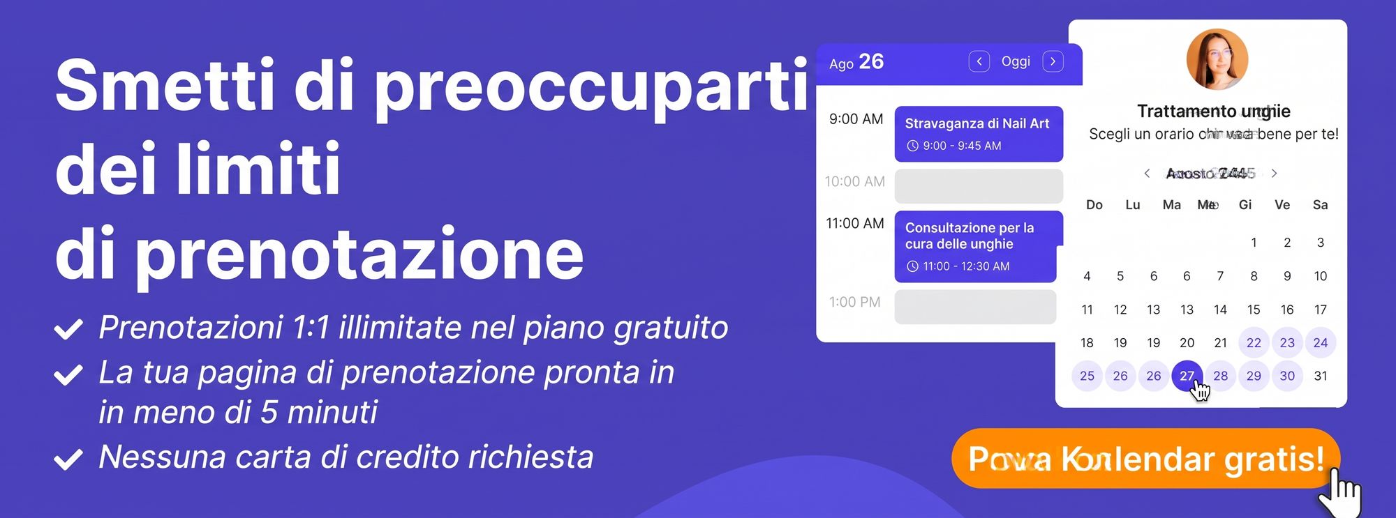 Banner di Koalendar che invita gli utenti di Group polls a passare da Doodle, senza limiti alle pagine di prenotazione nel piano gratuito.
