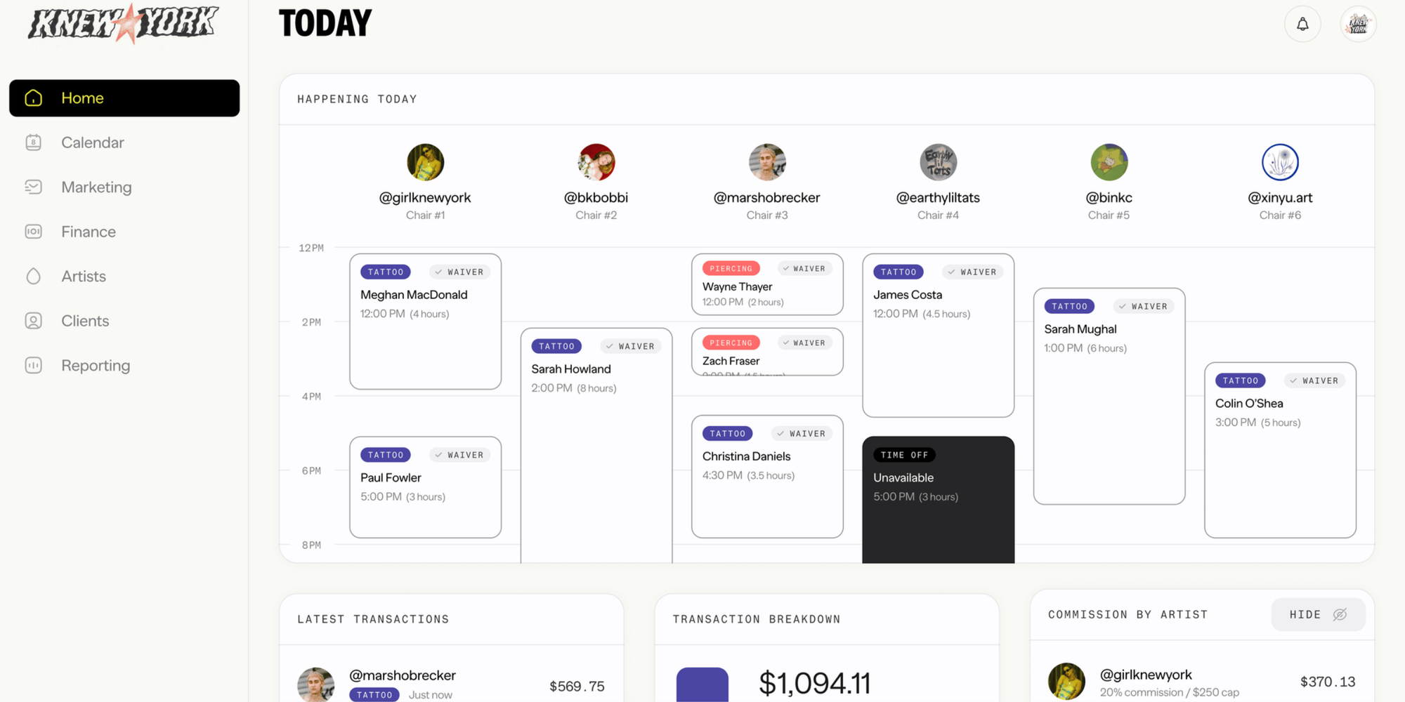 Daily schedule view of booked appointments on Venue Ink user interface