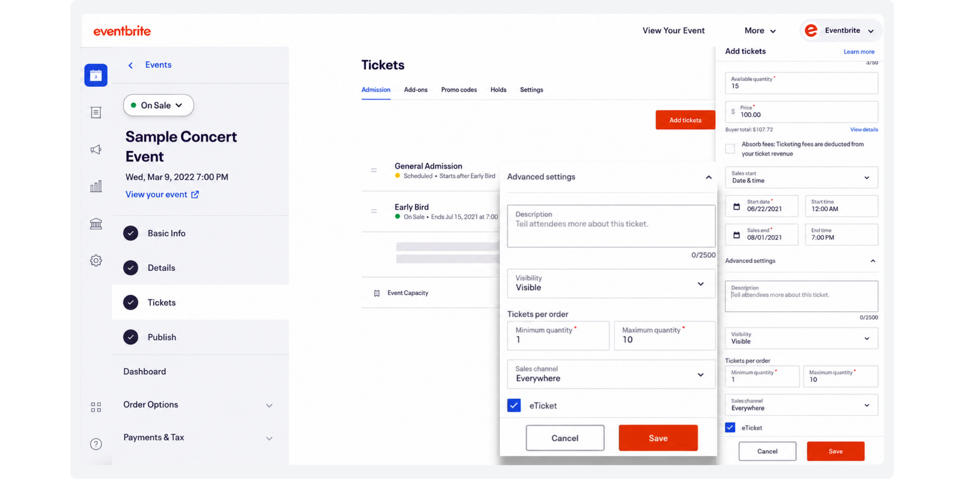 Eventbrite event facility scheduling software ticket editor for a sample concert with ticket quantity and price settings