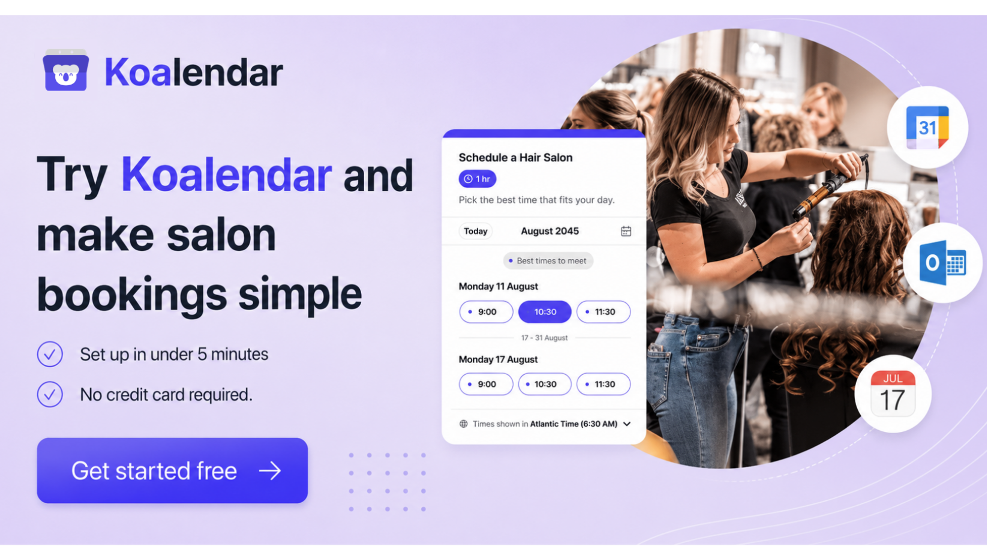 Koalendar banner featuring a hairstylist and booking calendar as a Fresha alternative.