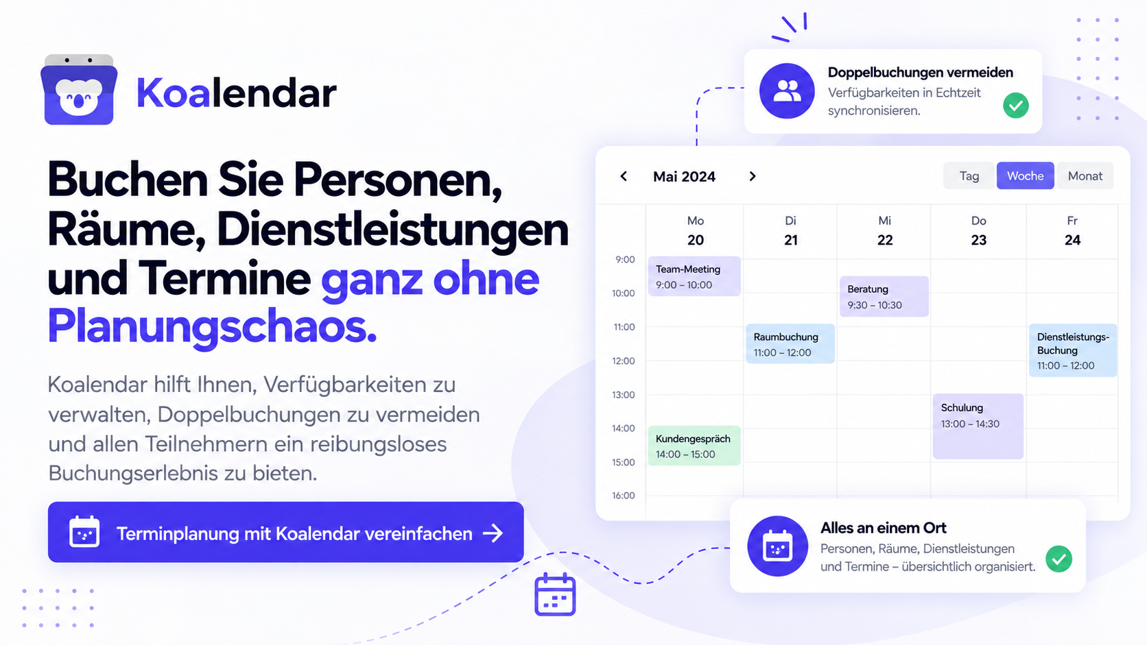 Koalendar-Banner, das Buchungen für Personen, Räume und Dienstleistungen neben einem Kalender zeigt, präsentiert zusammen mit Apps wie Notion Calendar.