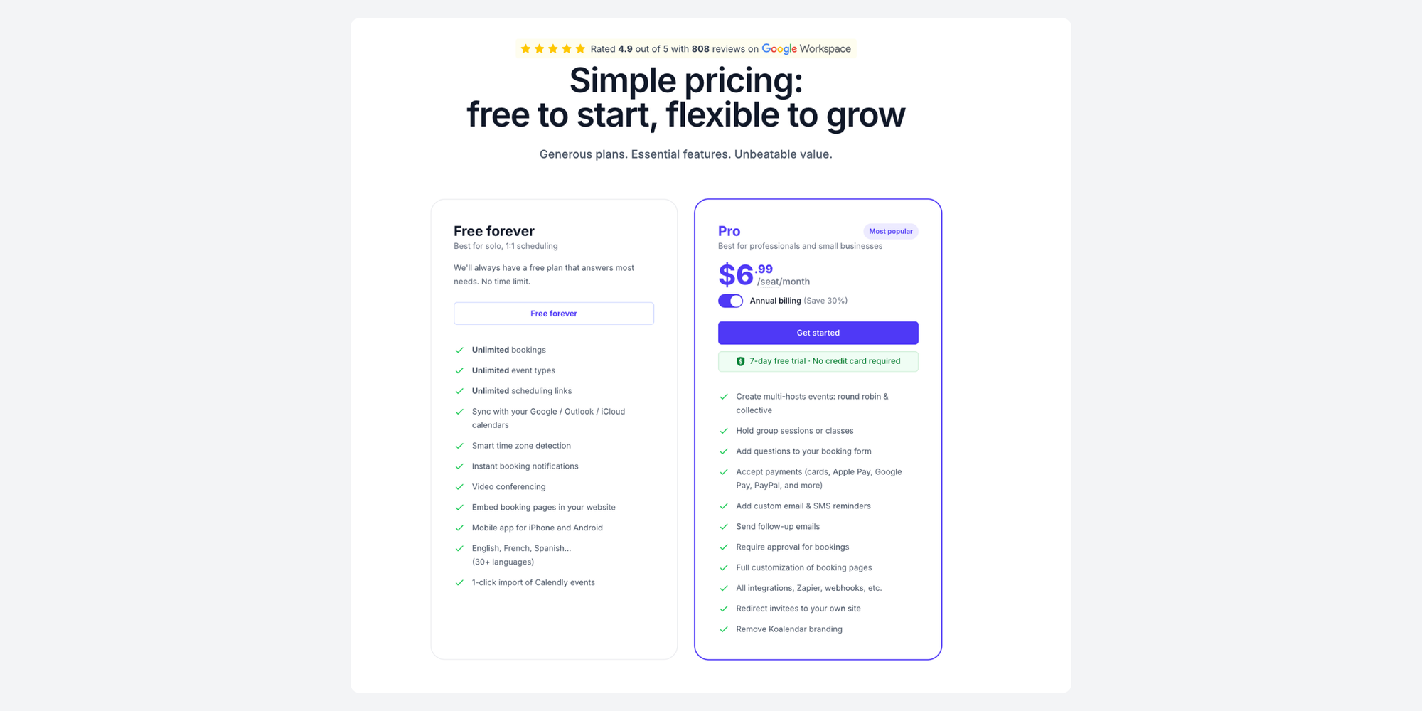Koalendar Free and Pro pricing plans shown for comparison with google workspace cost.
