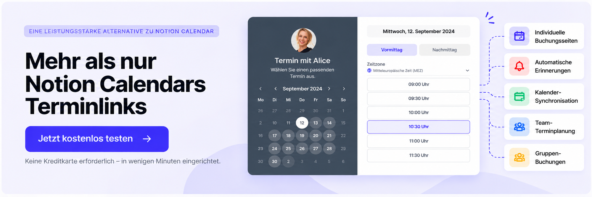 Koalendar-Buchungsseite und Terminplanungsfunktionen als Alternative zu Notion Calendar.