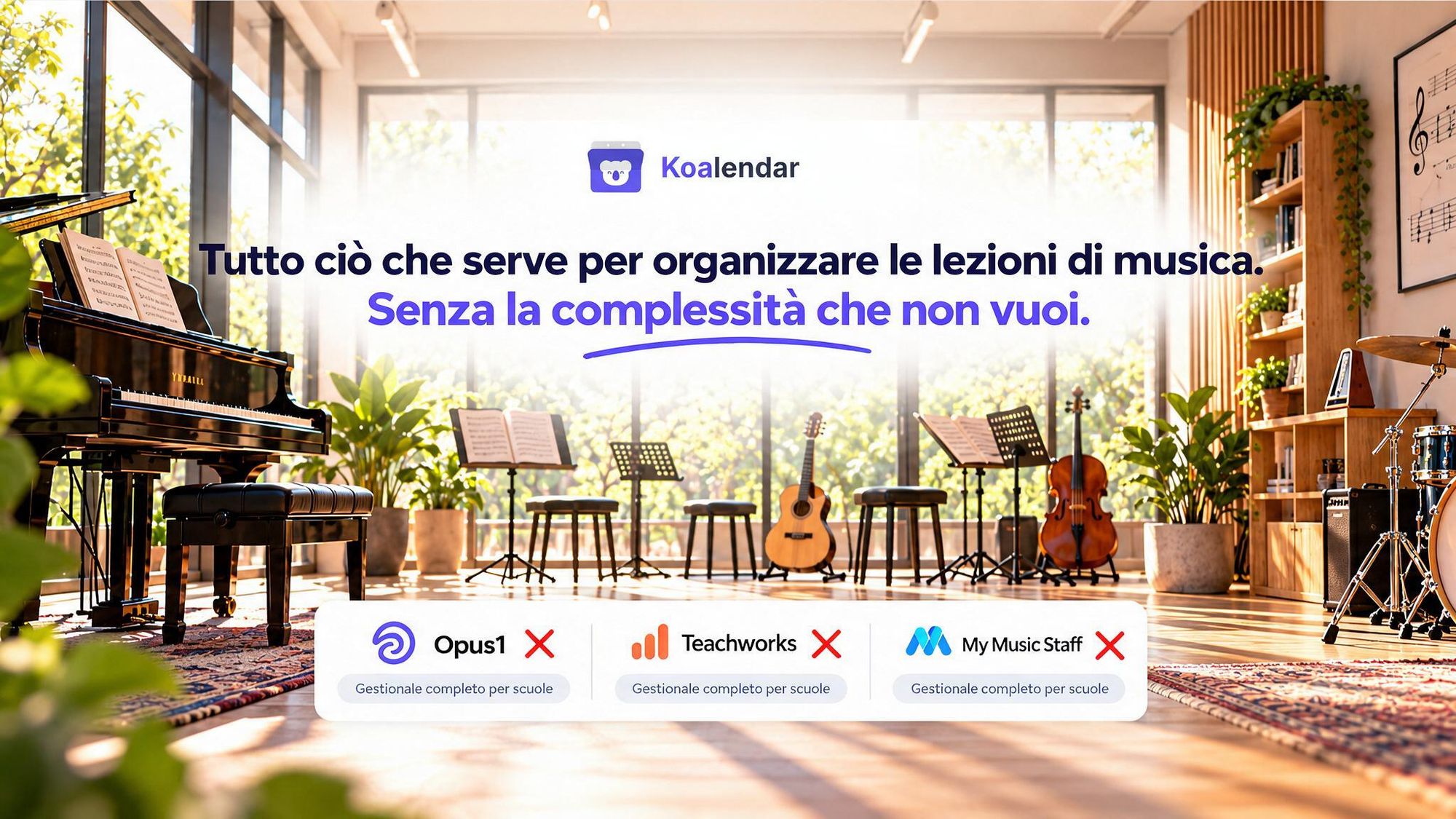 Banner del software di pianificazione per scuole di musica Koalendar, con strumenti musicali in uno studio luminoso.