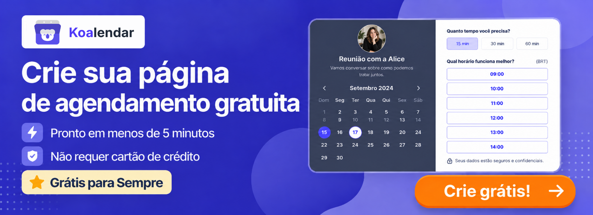 banner para melhores calendários online gratuitos mostrando a página de agendamento do Koalendar