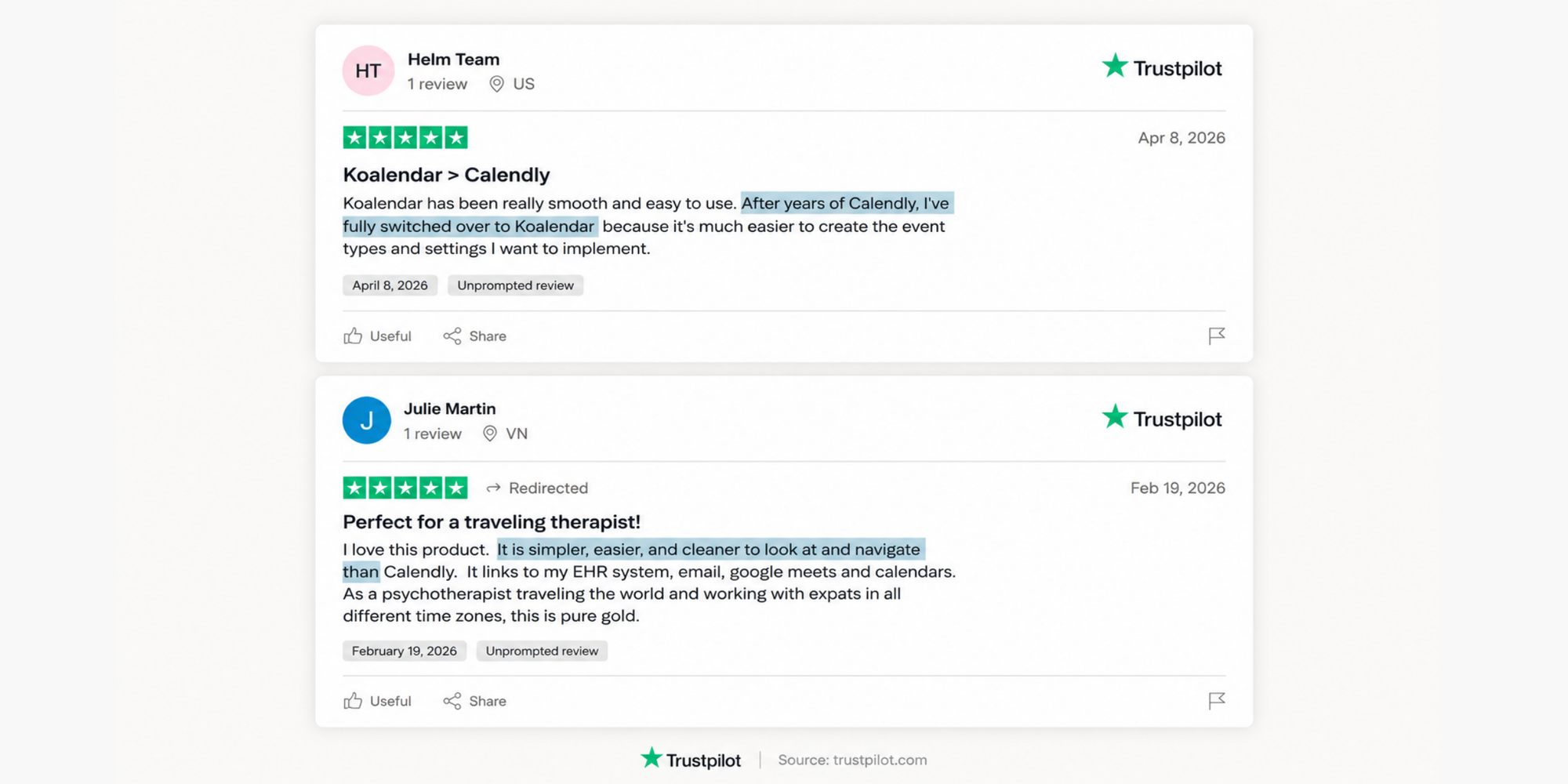 trustpilot reviews of clients who considered Calendly pros and cons and changed to Koalendar