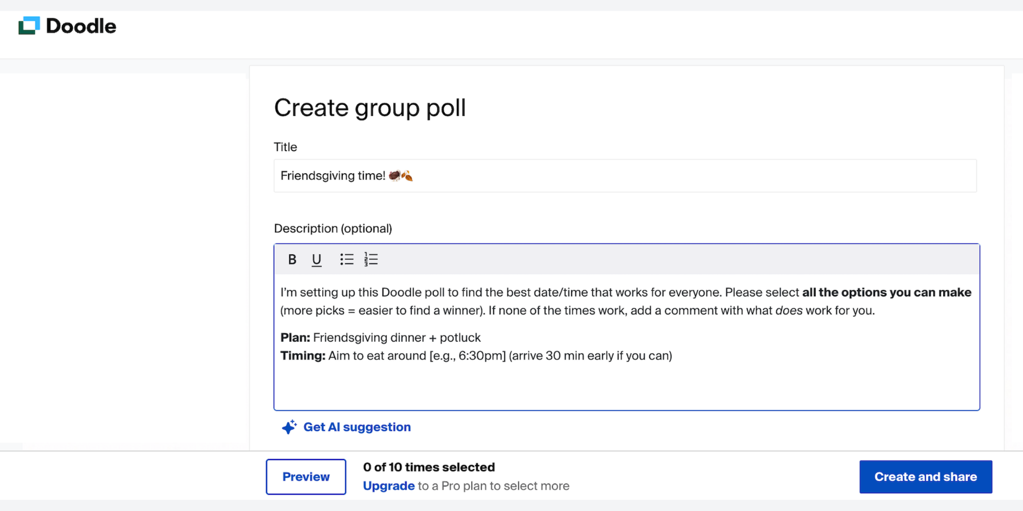 Doodle group poll setup for a shared calendar app for friends to coordinate group events and avoid scheduling conflicts