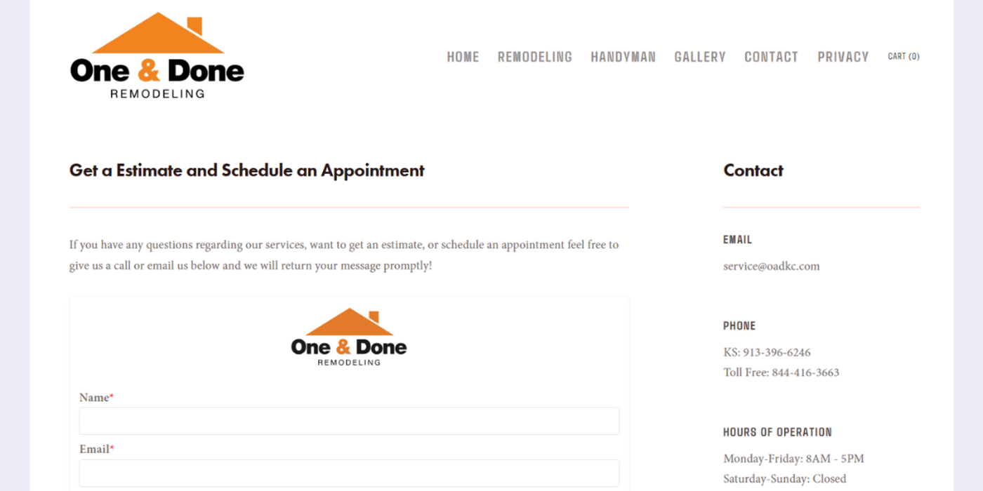 oadkc contact form as handyman website inspiration