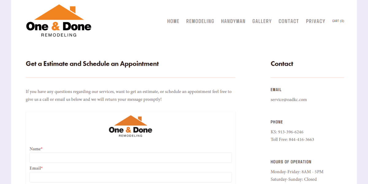 oadkc contact form as handyman website inspiration