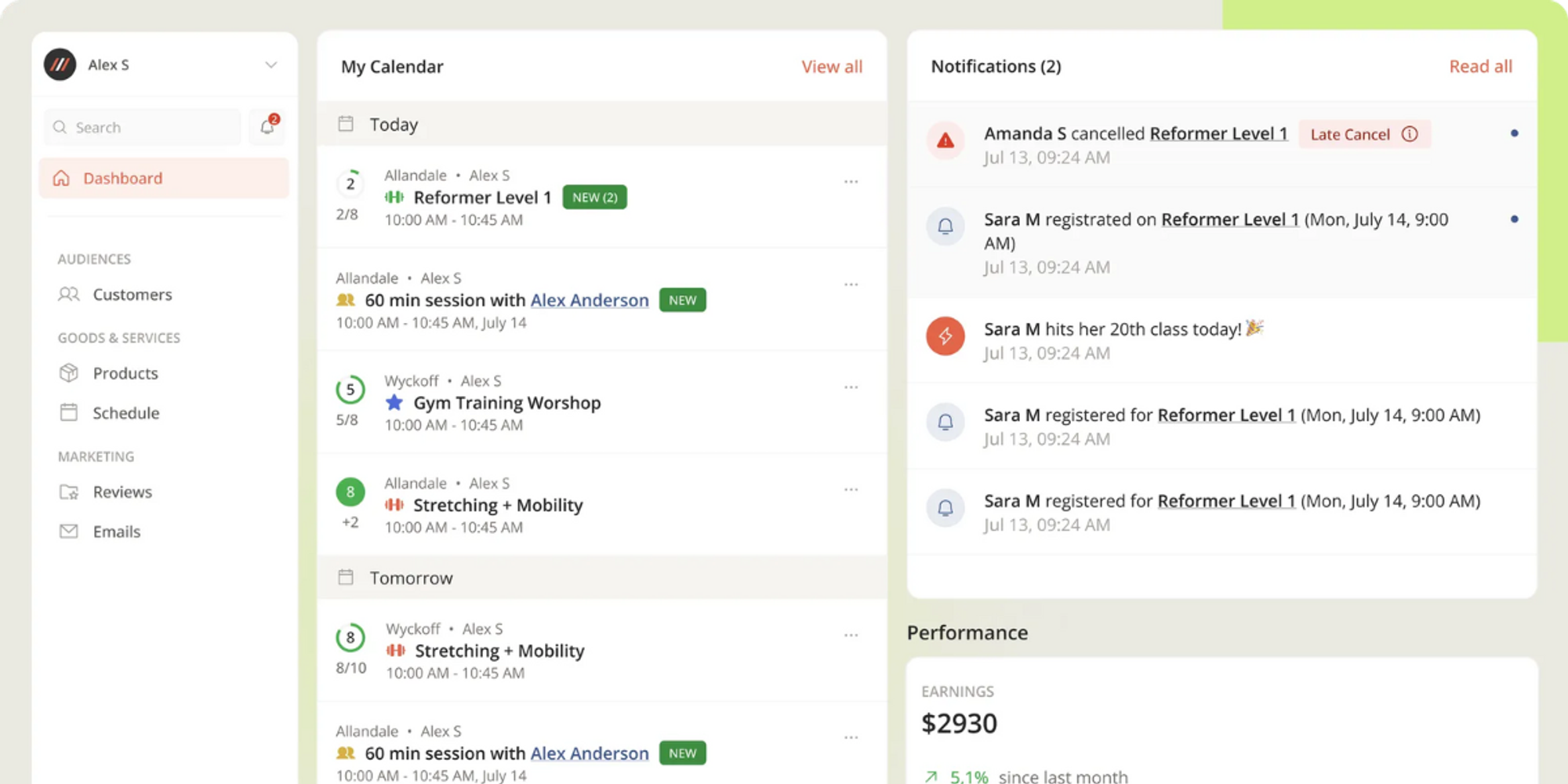 screenshot of Zipper yoga class scheduling