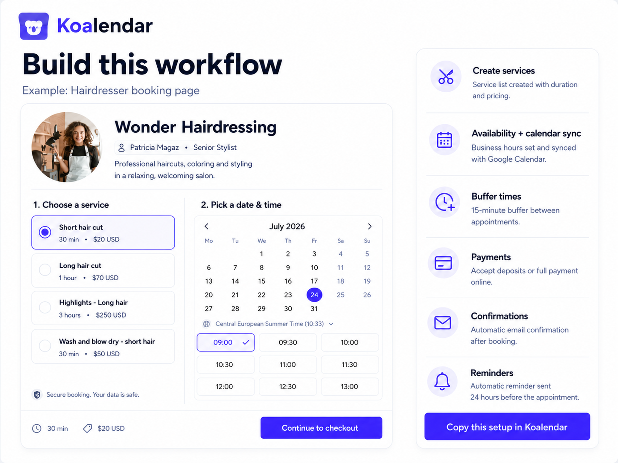 replique este fluxo de agendamento de cabeleireiro no Koalendar