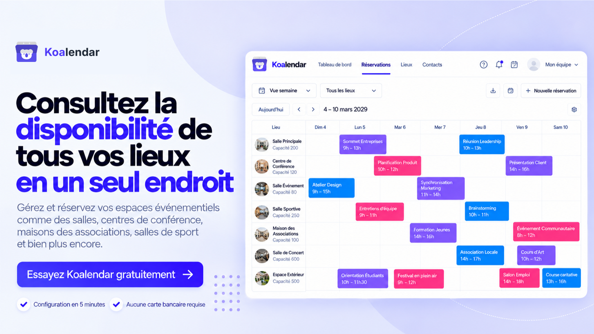 Bannière pour un logiciel de planification de lieux permettant de consulter toutes leurs disponibilités