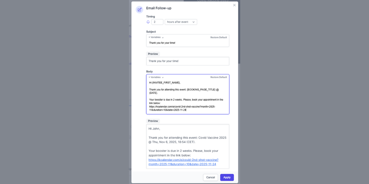 Koalendar scheduling software scheduling vaccine reminder emails