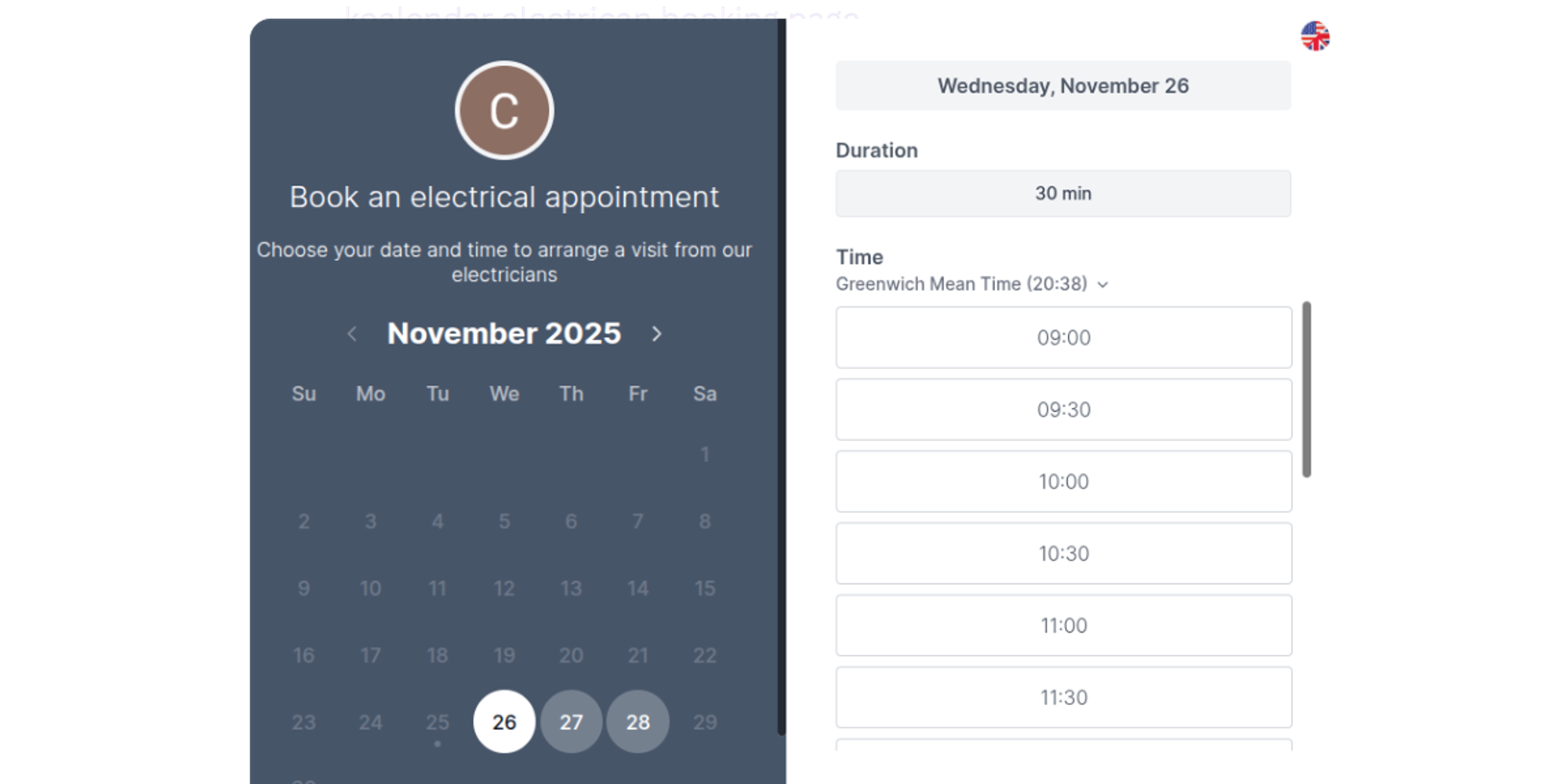 Koalendar booking screen for electrician appointment scheduling