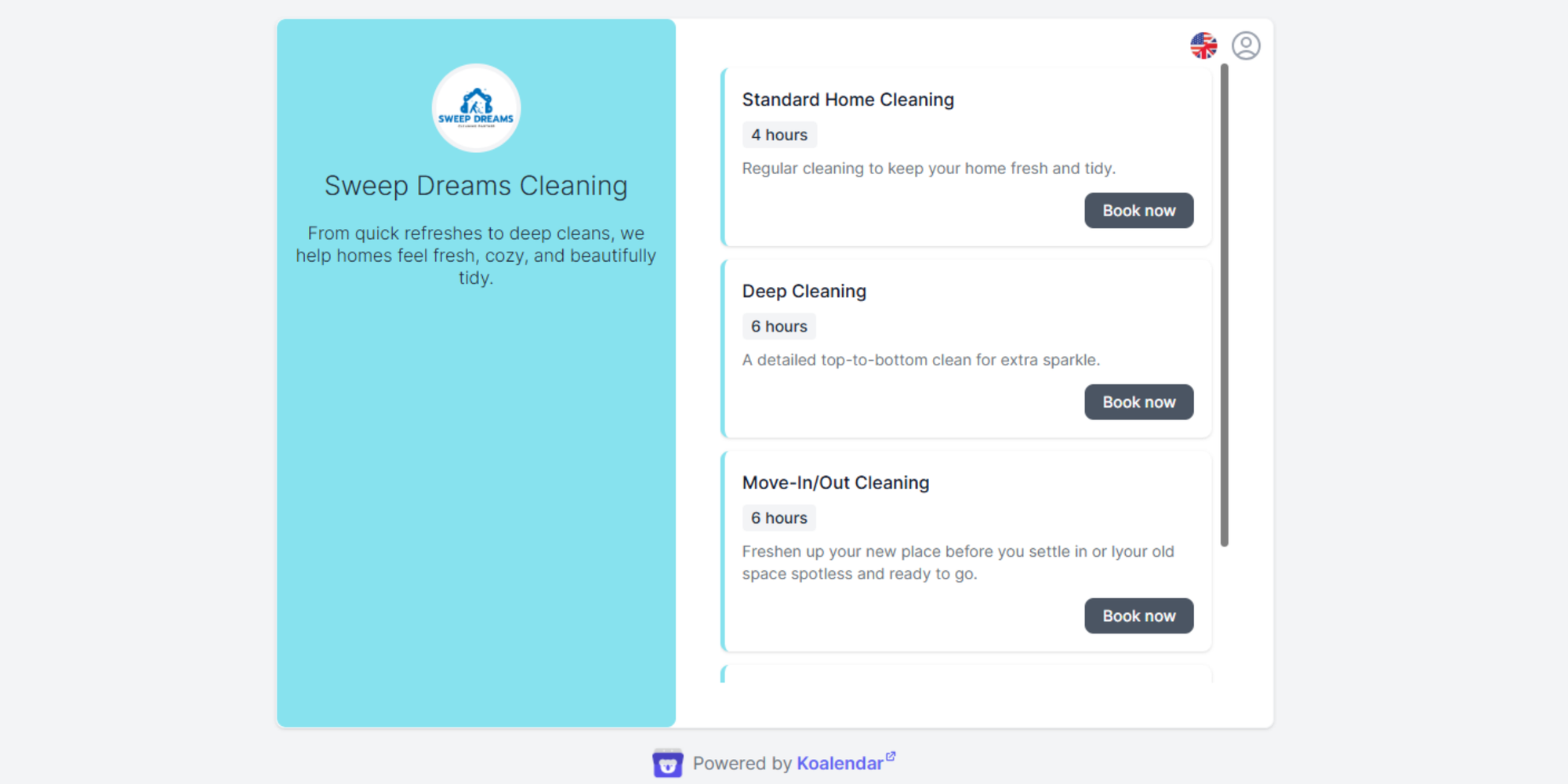 Página de reservas para servicios de limpieza de Koalendar, la mejor aplicación de programación para negocios de limpieza