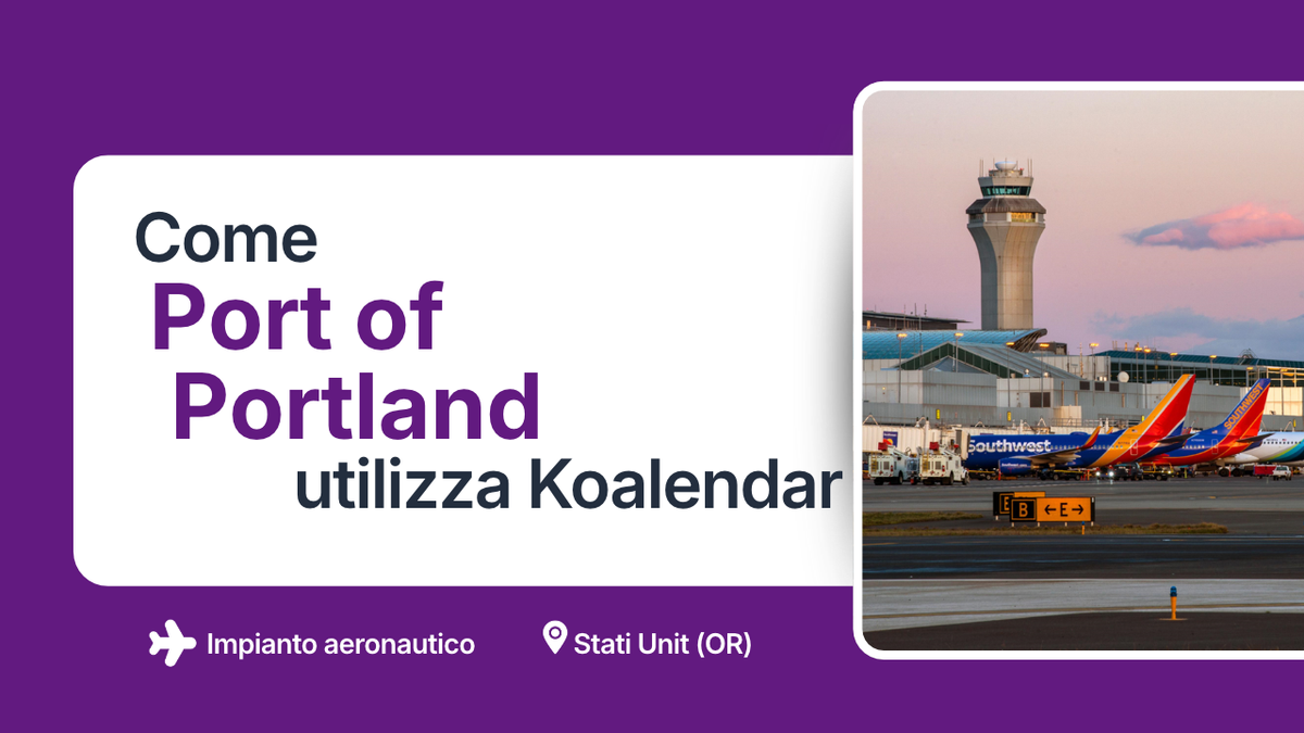 Piazzale aeromobili e torre di controllo dell'Aeroporto di Portland PDX, dove Koalendar gestisce le prenotazioni delle aree di manutenzione a terra