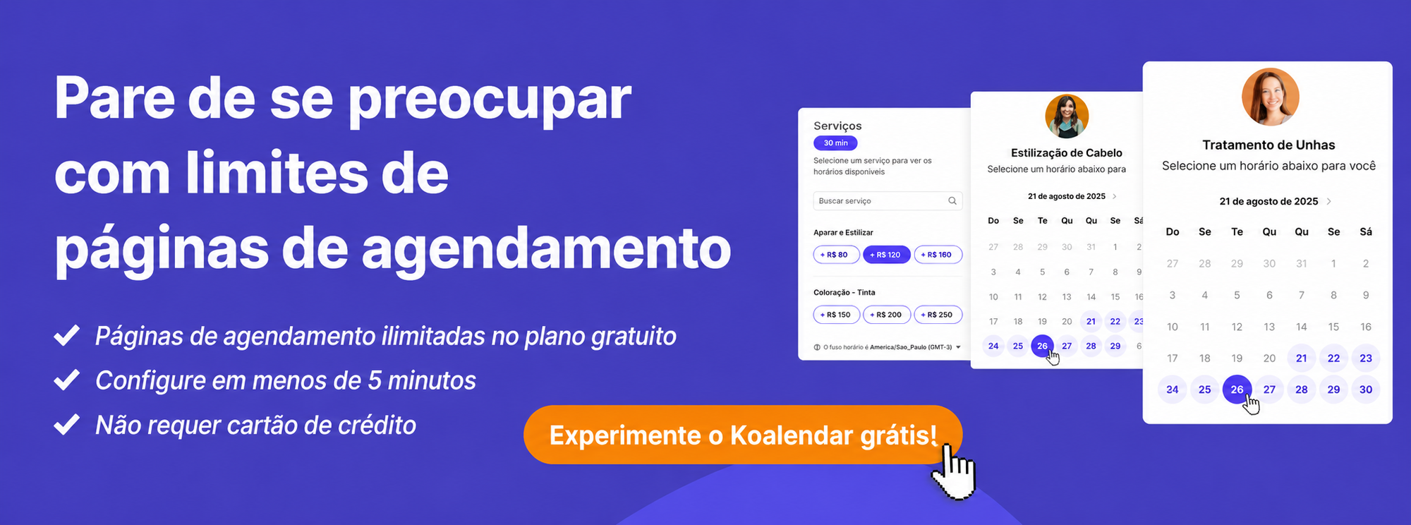 banner do Koalendar mencionando ausência de limites de agendamentos, que pode ser considerado uma alternativa aos recursos do YouCanBook.me