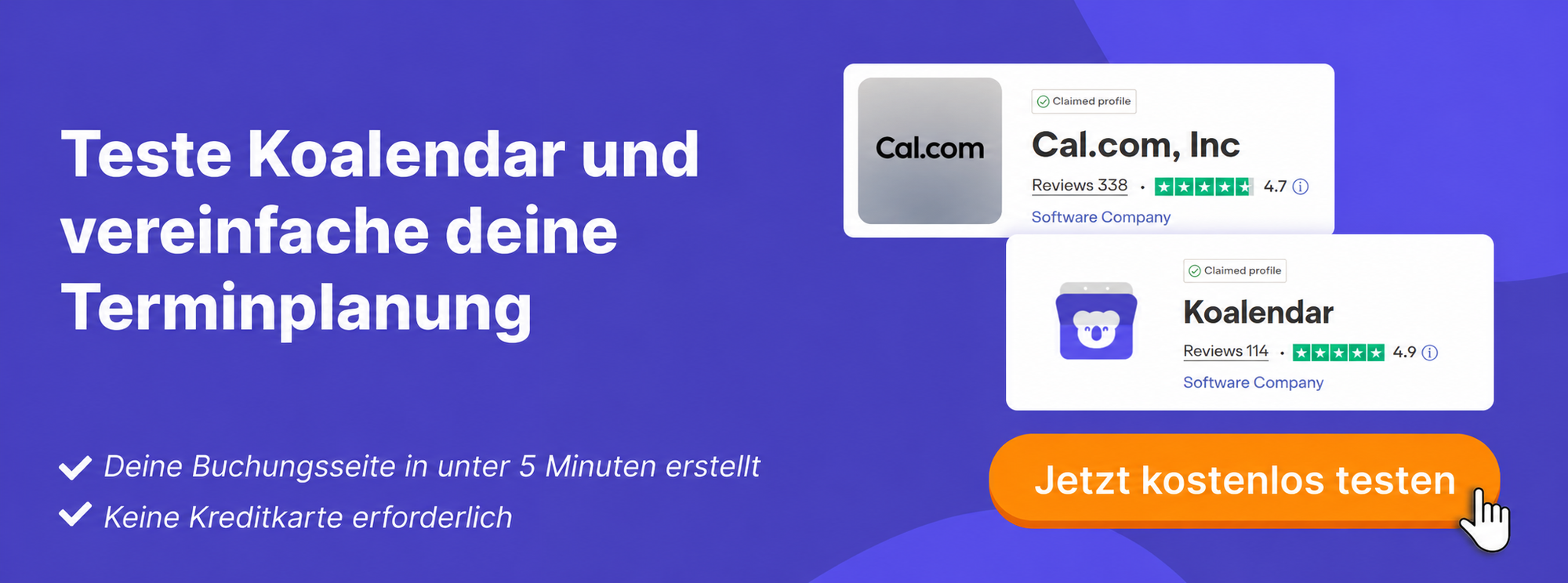 Grafik zum Vergleich der Koalendar- und Cal.com-Bewertungen auf Trustpilot, einschließlich der Cal.com-Preistarife