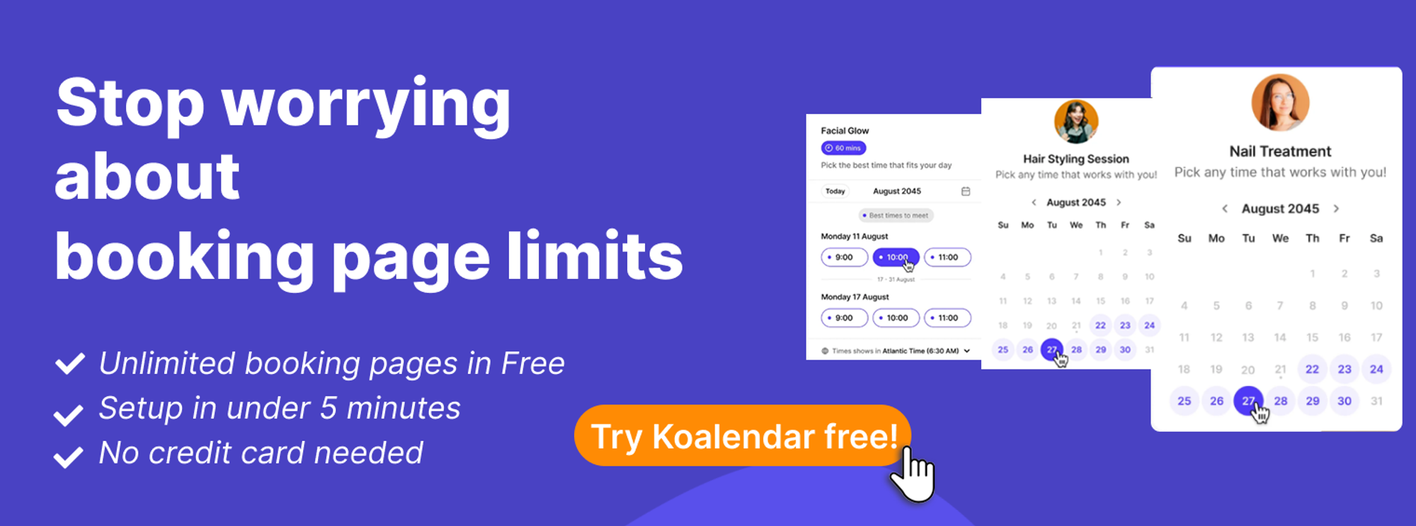 Banner von Koalendar, das keine Buchungslimits erwähnt und als Alternative zu den YouCanBook.me-Funktionen betrachtet werden kann
