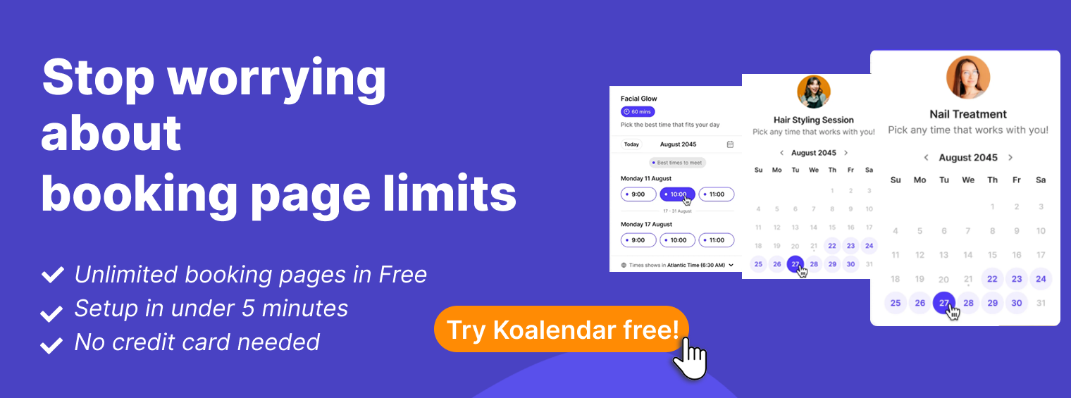 Banner von Koalendar, das keine Buchungslimits erwähnt und als Alternative zu den YouCanBook.me-Funktionen betrachtet werden kann