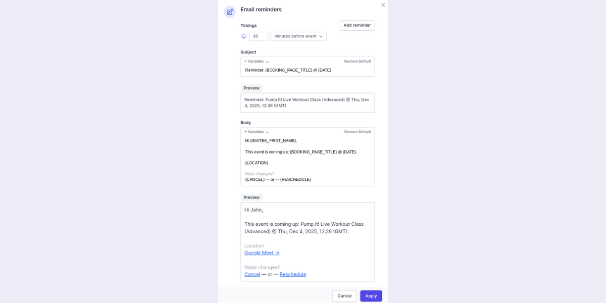 customized Online fitness classes reminder in koalendar