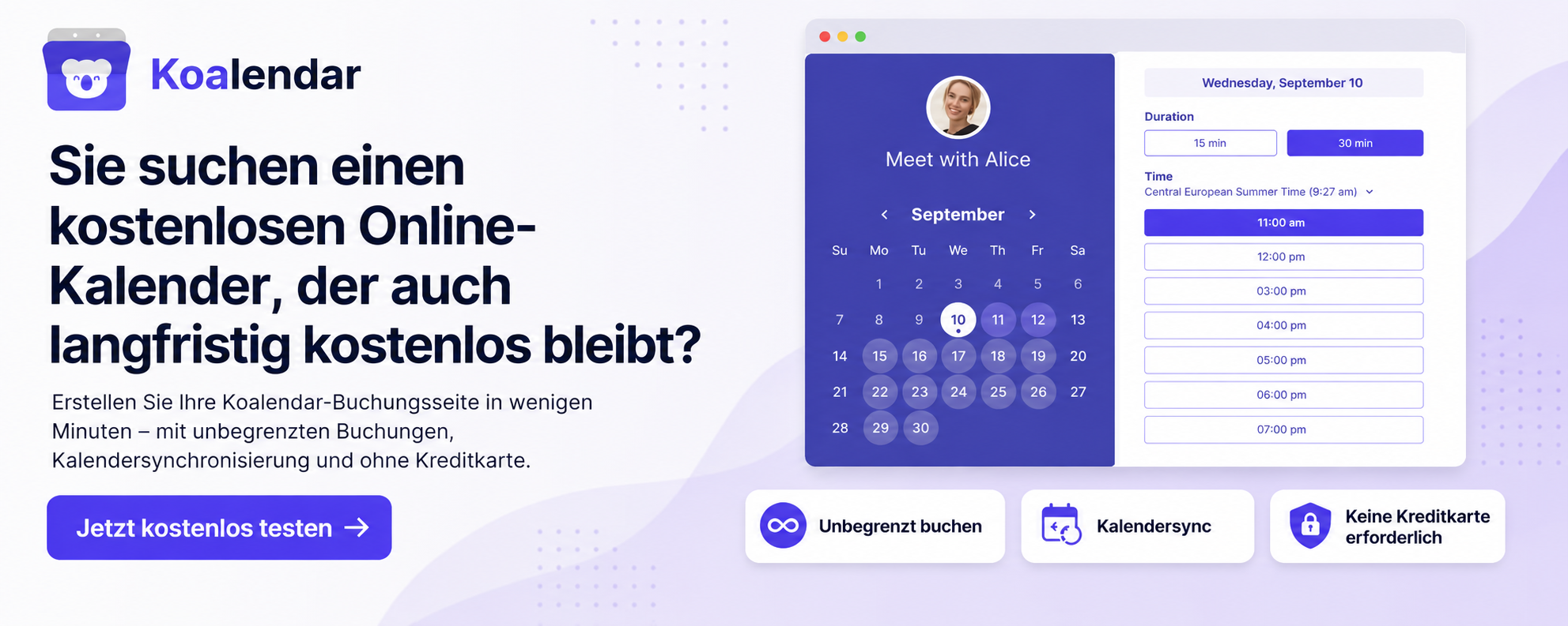 Banner des Koalendar dauerhaft kostenlosen Plans: unbegrenzte Buchungsseiten, Synchronisierung mit 2 Kalendern