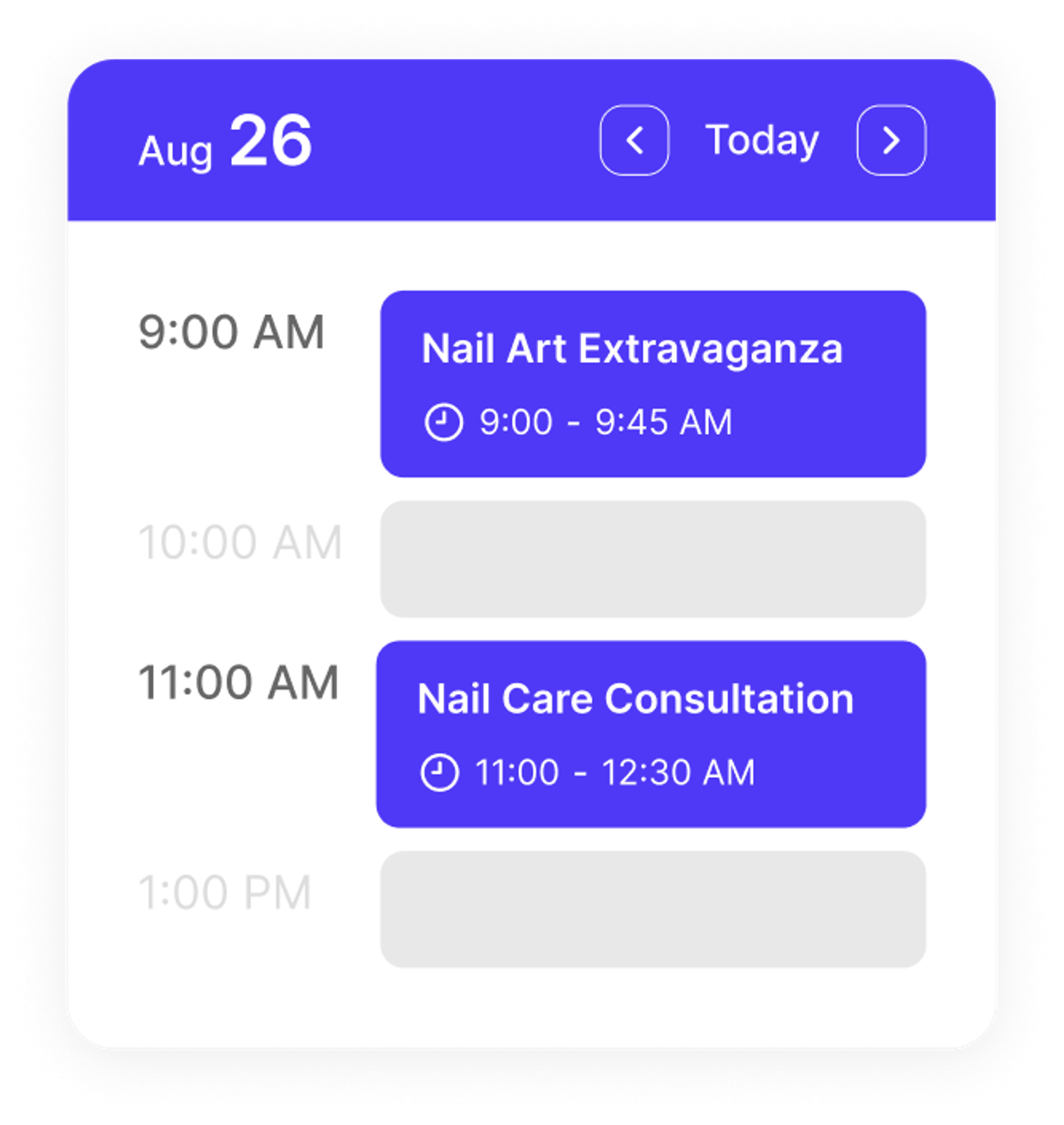 Screenshot of a Koalendar schedule for a nail salon