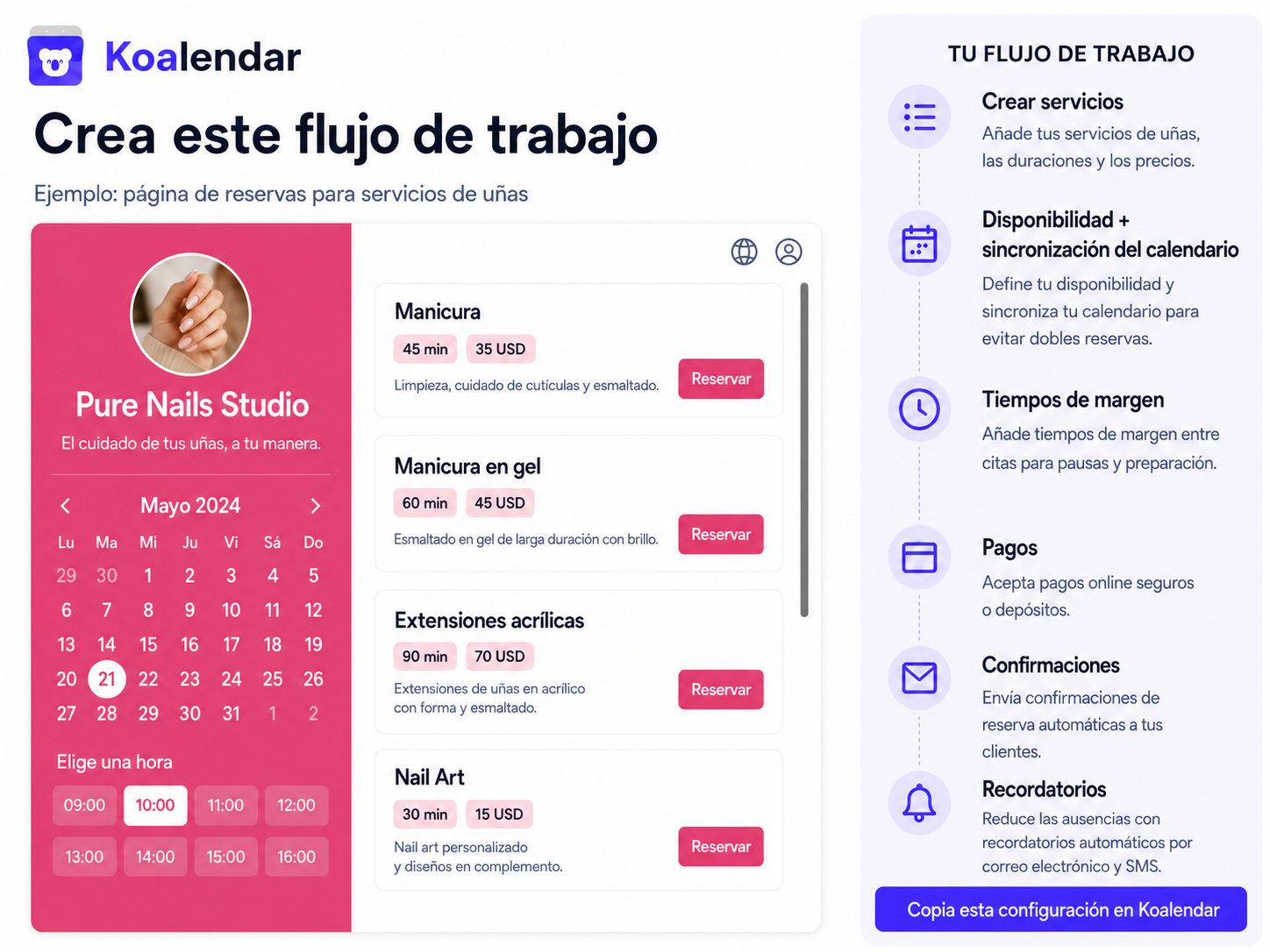 nail salon booking workflow in Koalendar