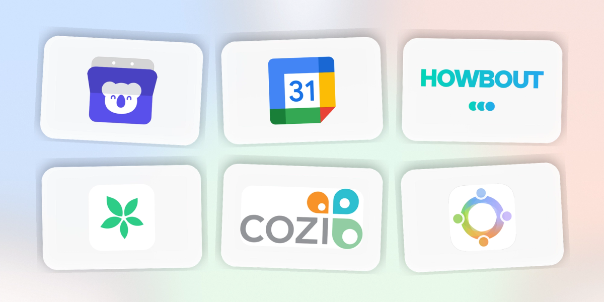 Die besten Apps für gemeinsame Kalender: Logos von Koalendar, Google Kalender, Howbout, TimeTree und Cozi.