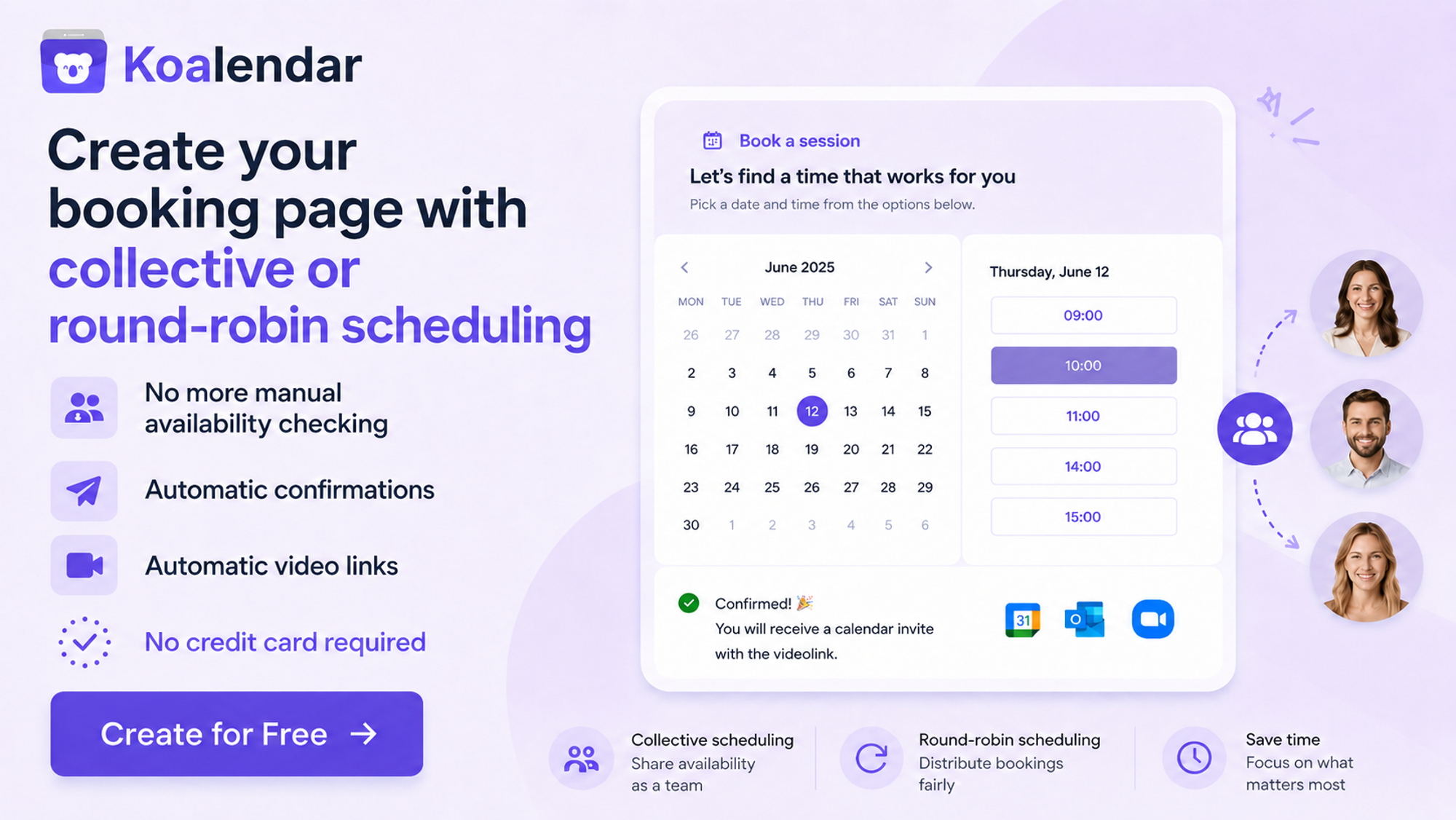 banner of koalendar scheduling tool to create booking pages with collective or round robin scheduling being an alternative to google schedule poll 