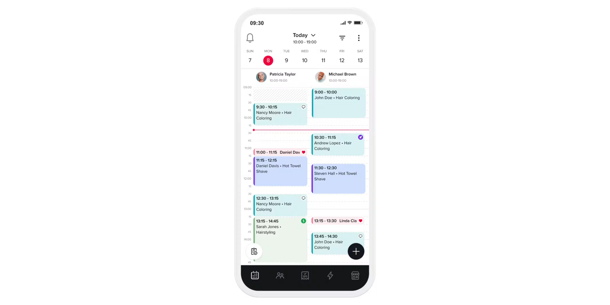 Booksy mobile appointment calendar in a comparison of tools offering deposits and cancellation fees.