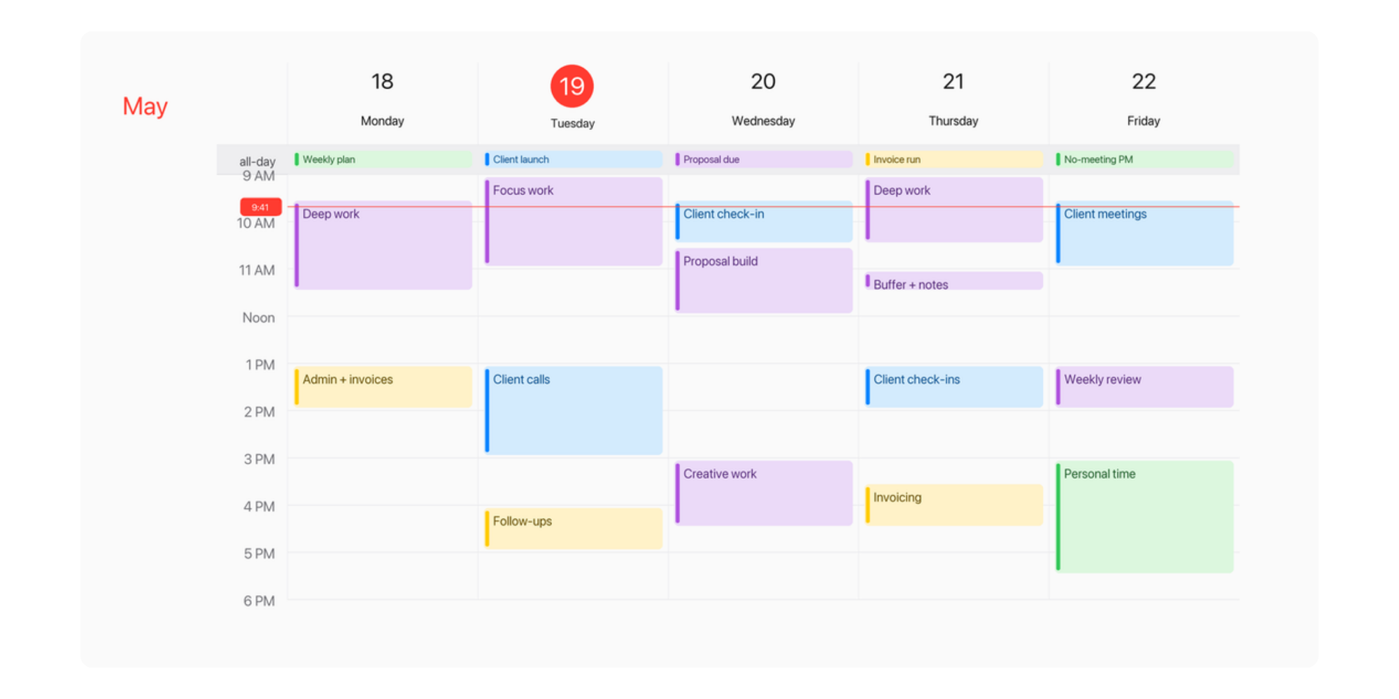 weekly view calendar on iphone with creative professional planning and color coding